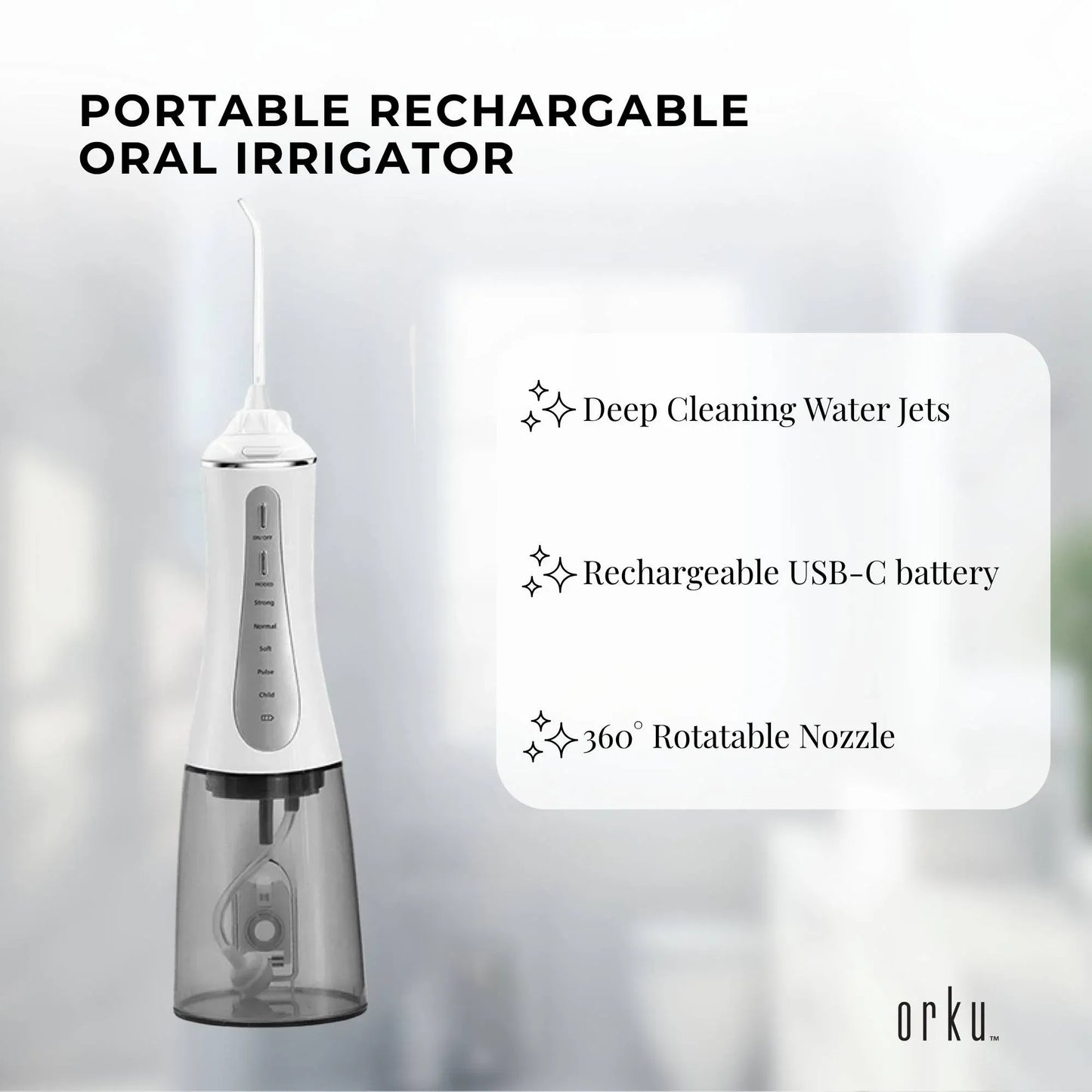 Orku Portable Oral Irrigator 350ml - Rechargeable Water Dental Flosser Teeth Cleaner