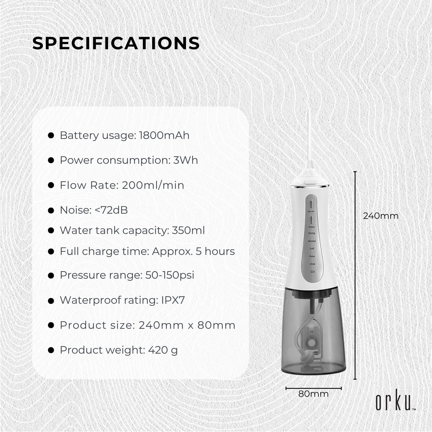 Orku Portable Oral Irrigator 350ml - Rechargeable Water Dental Flosser Teeth Cleaner