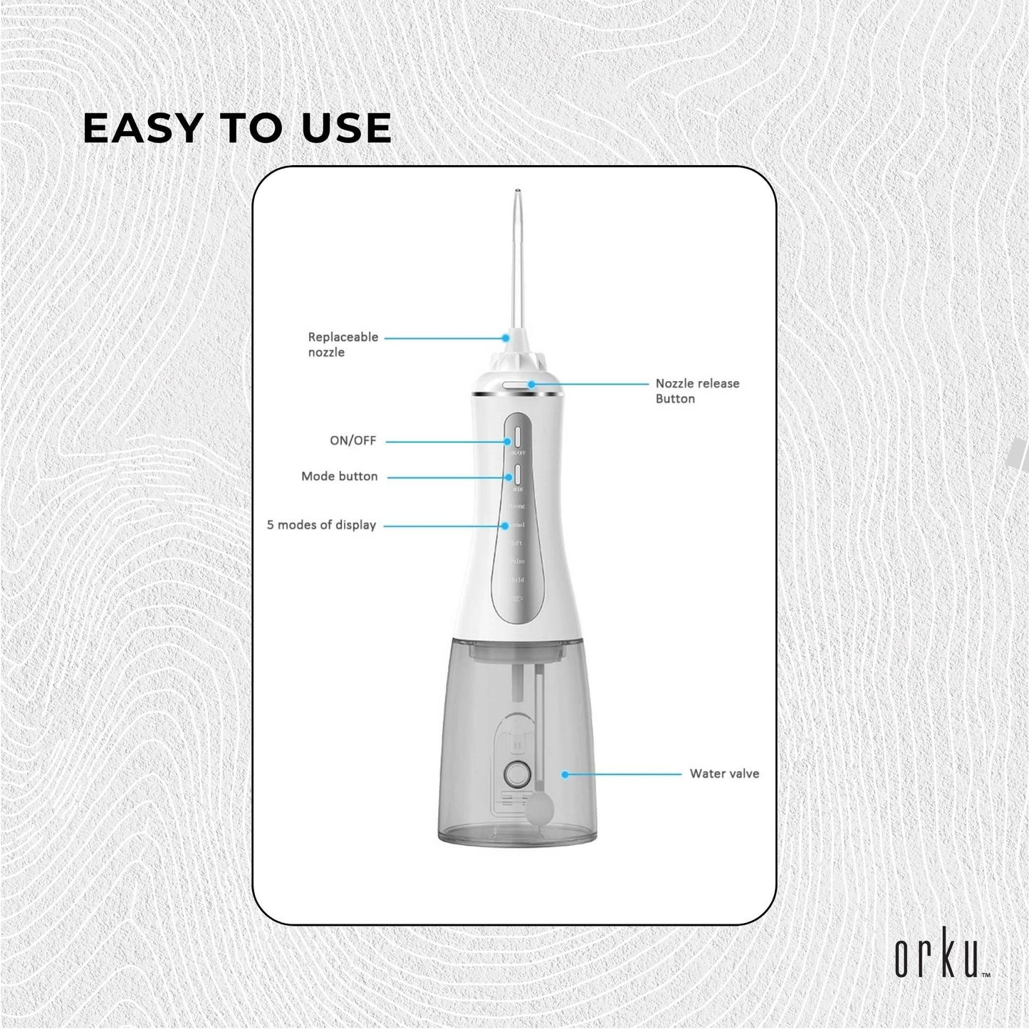 Orku Portable Oral Irrigator 350ml - Rechargeable Water Dental Flosser Teeth Cleaner