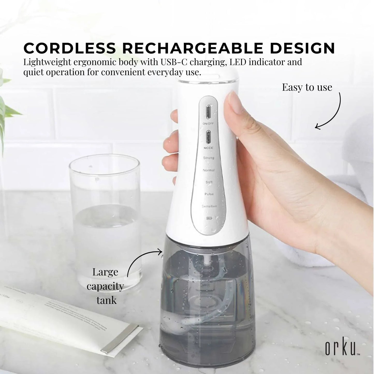Orku Portable Oral Irrigator 350ml - Rechargeable Water Dental Flosser Teeth Cleaner