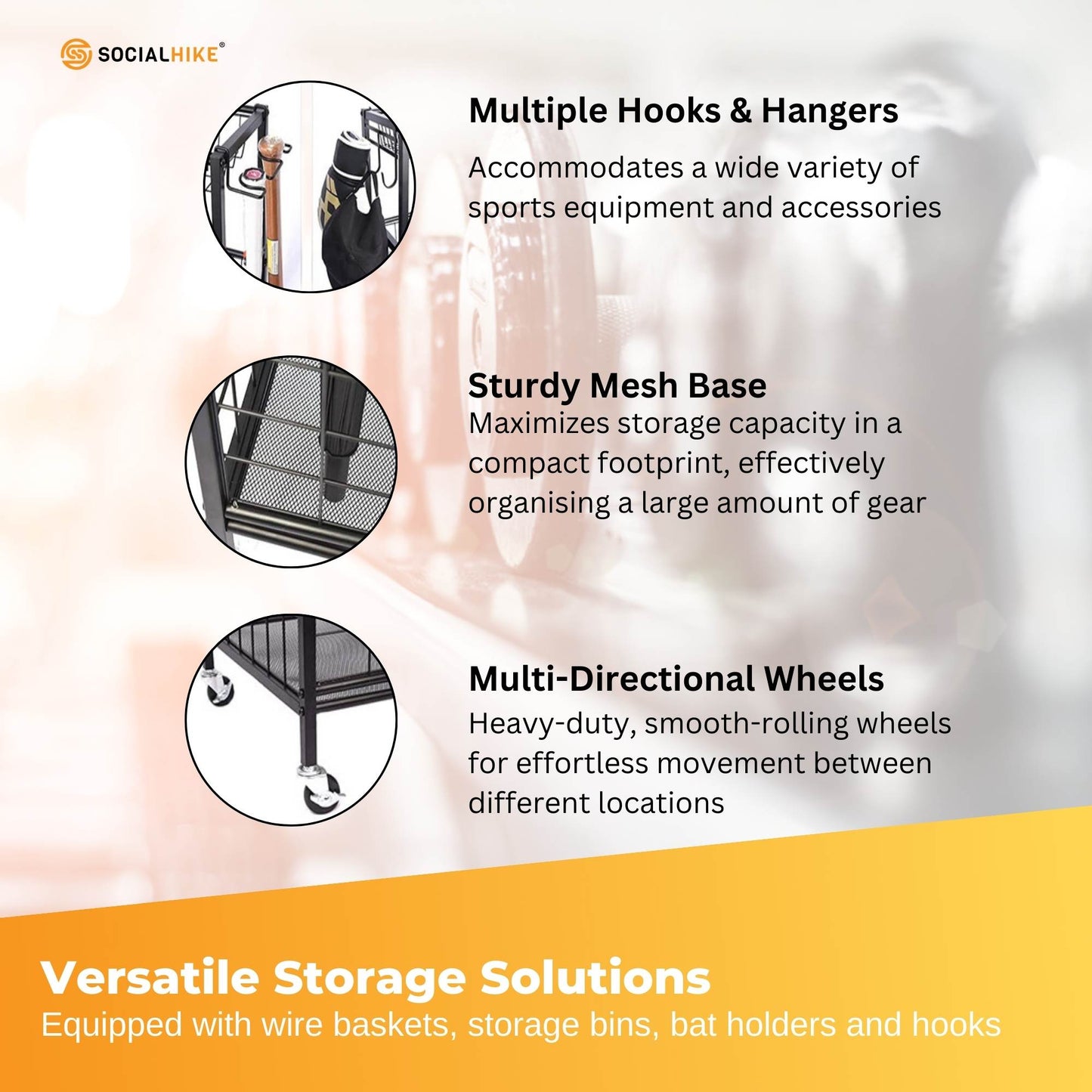 Social Hike Sports Equipment Storage Organiser Trolley on Wheels - Garage Basket