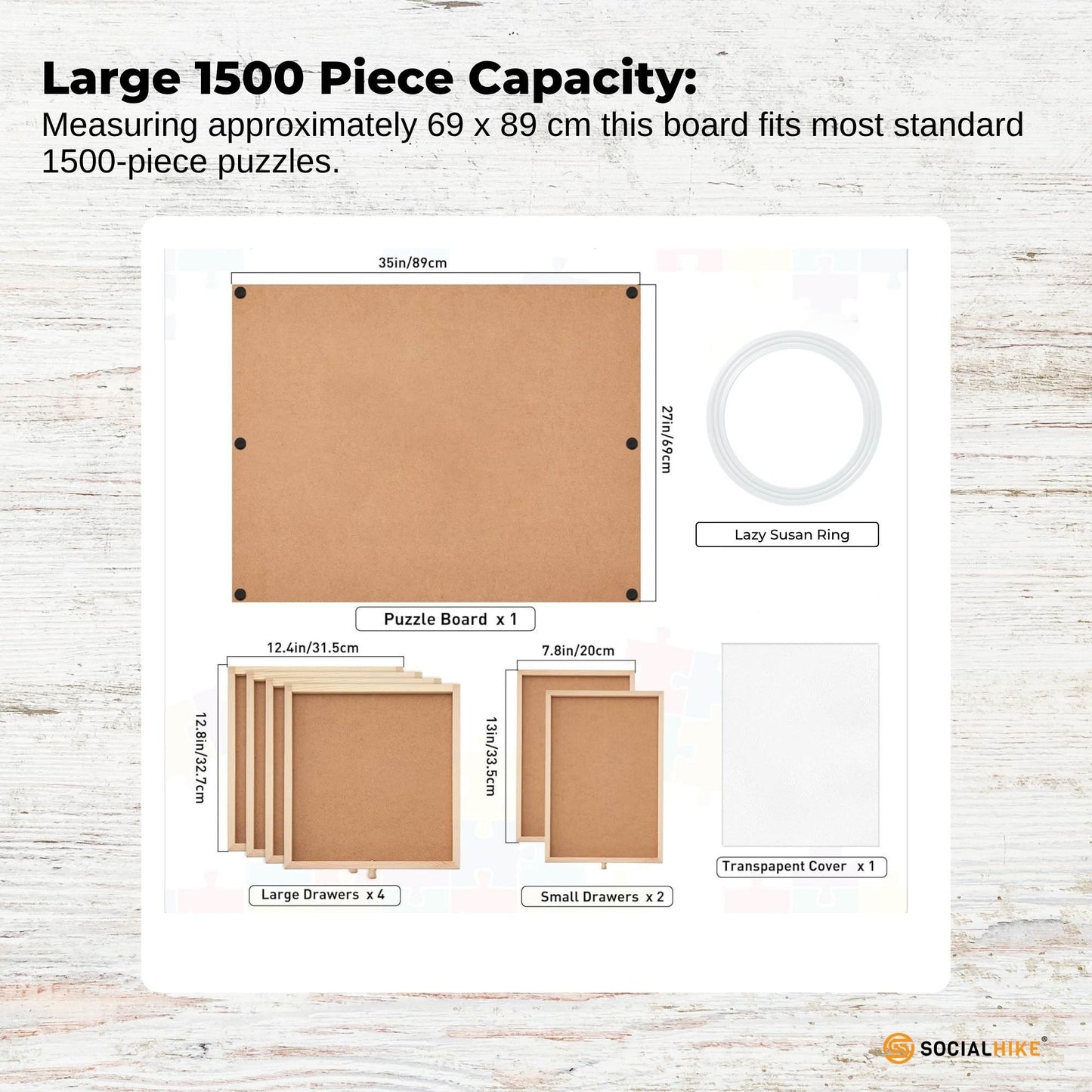 Social Hike Puzzle Board 1500 pcs - Rotating Tabletop with 6 Drawers and Cover