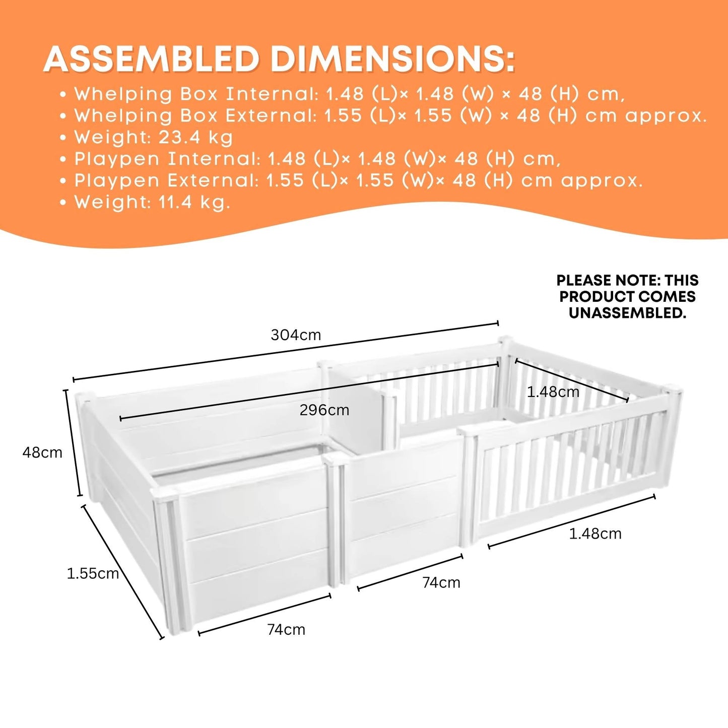 Rooster Farms PVC Dog Whelping Box + Play Pen 2.96m x 1.48m x 0.48m - Birthing Kit