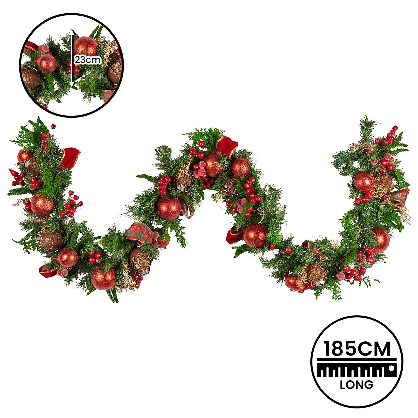 Christabelle 1.85m Christmas Garland with Red Berries Pine Cones Baubles Bows Tree Decoration Ornament