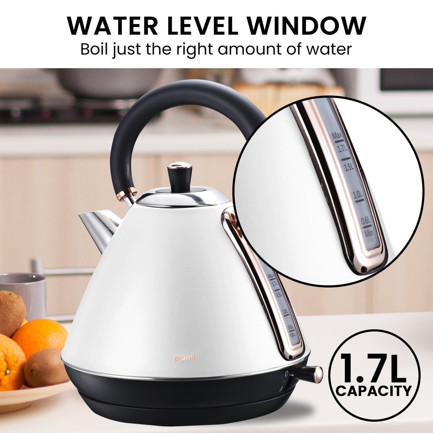 Pronti Breakfast Set with Rose Gold Kettle & Toaster with 1.2L Espresso Machine - White