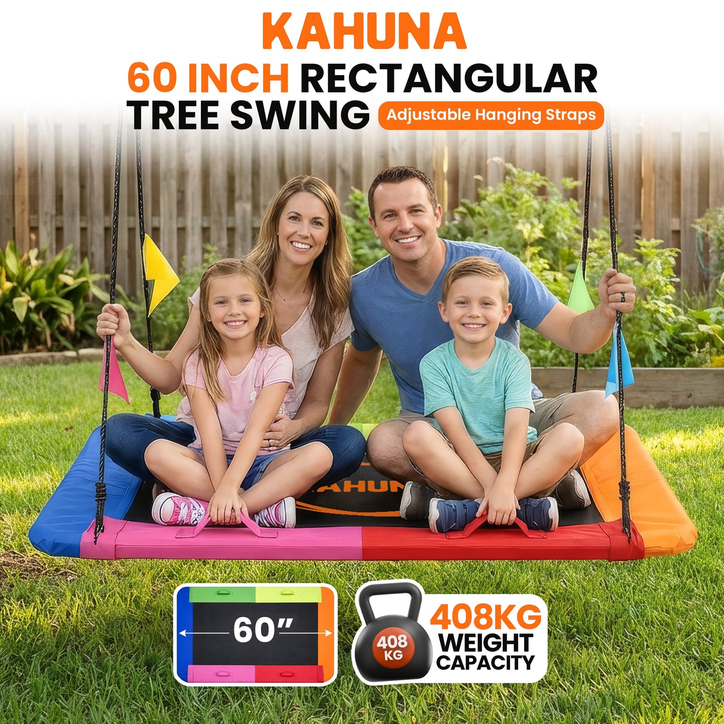 Kahuna Heavy Duty 60 Inch Rectangular Tree Swing With Adjustable 180cm Lifting Ropes Foam Padded Tubes And Full Accessory Kit For Backyard Family Use