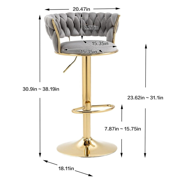 2x Height Adjustable Swivel Bar Stool Velvet Golden Base Barstools Chairs Padded Seat- Grey