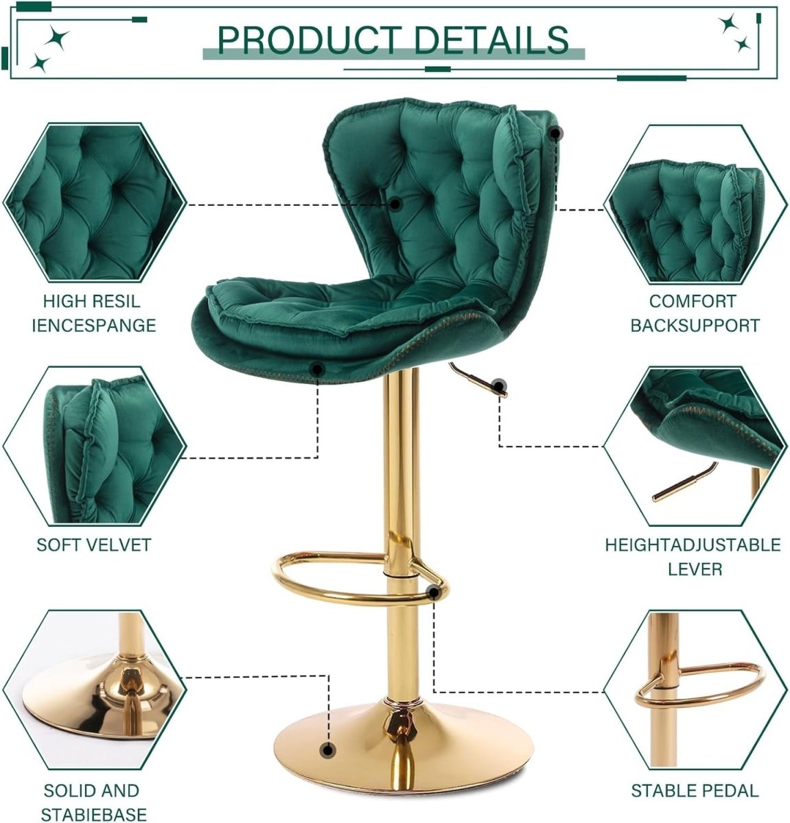 SERENITà Swivel Bar Stools Set of 2 Counter Height Barstools with Back Velvet Upholstered Adjustable Stool Chair Min Century Modern Bar Stool for Kitchen Island (Emerald Green)