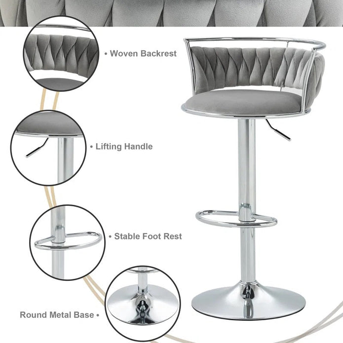 SERENITà Silver Swivel Upholstered Velvet Adjustable Height Counter Stool with Metal Frame Grey (Set of 2)