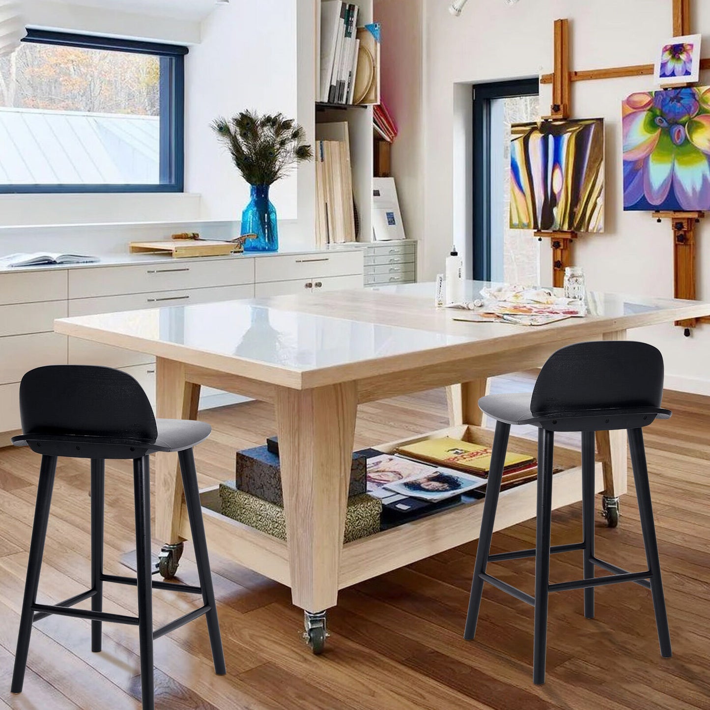 2X Wooden Bar Stool Dining Chair Ash Wood ELISE 65cm BLACK