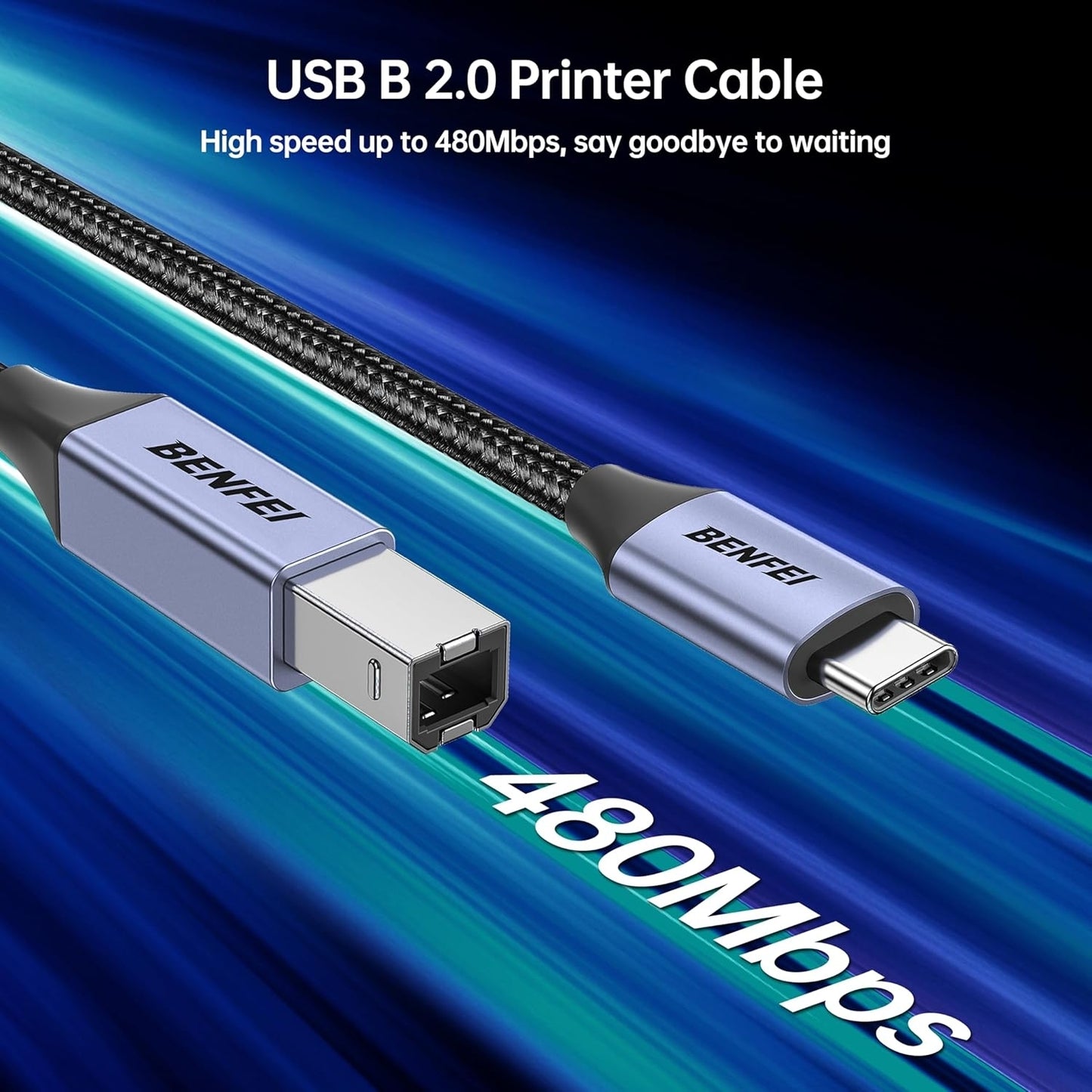 BENFEI 405GY-1M USB B to USB C Printer Cable, Nylon Braided, Premium Aluminium Alloy Case 1M