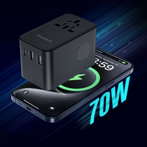 CHOETECH PD5022 70W EU/US/AUS/UK Travel Adapter with Built-in USB-C Cable - Black