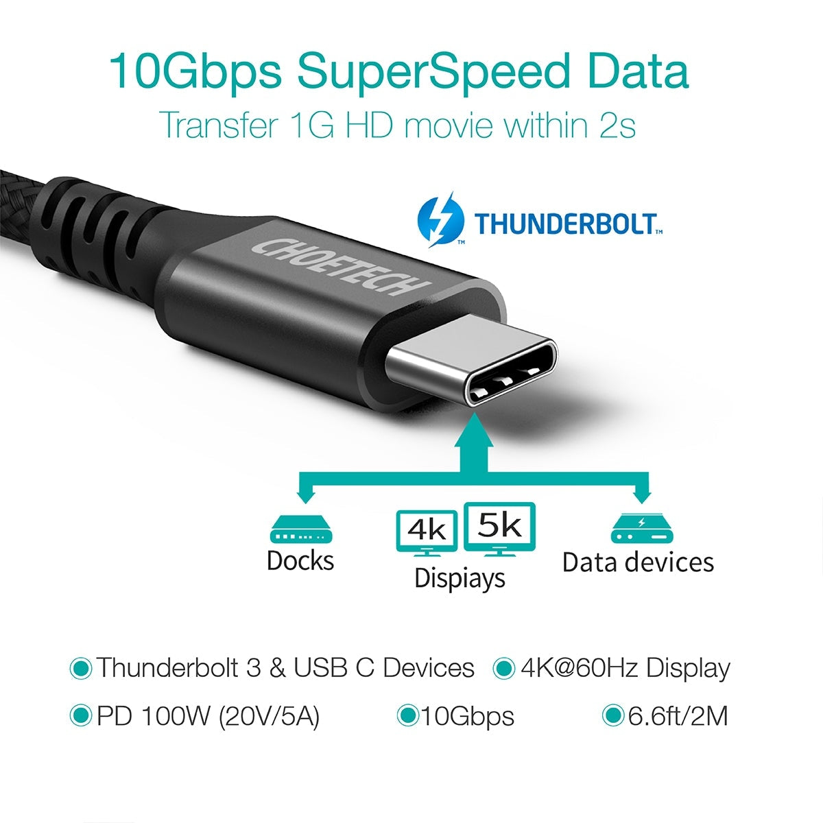CHOETECH XCC-1007 USB Type-C Braided Fast Charging Cable (20V 5A 2M)