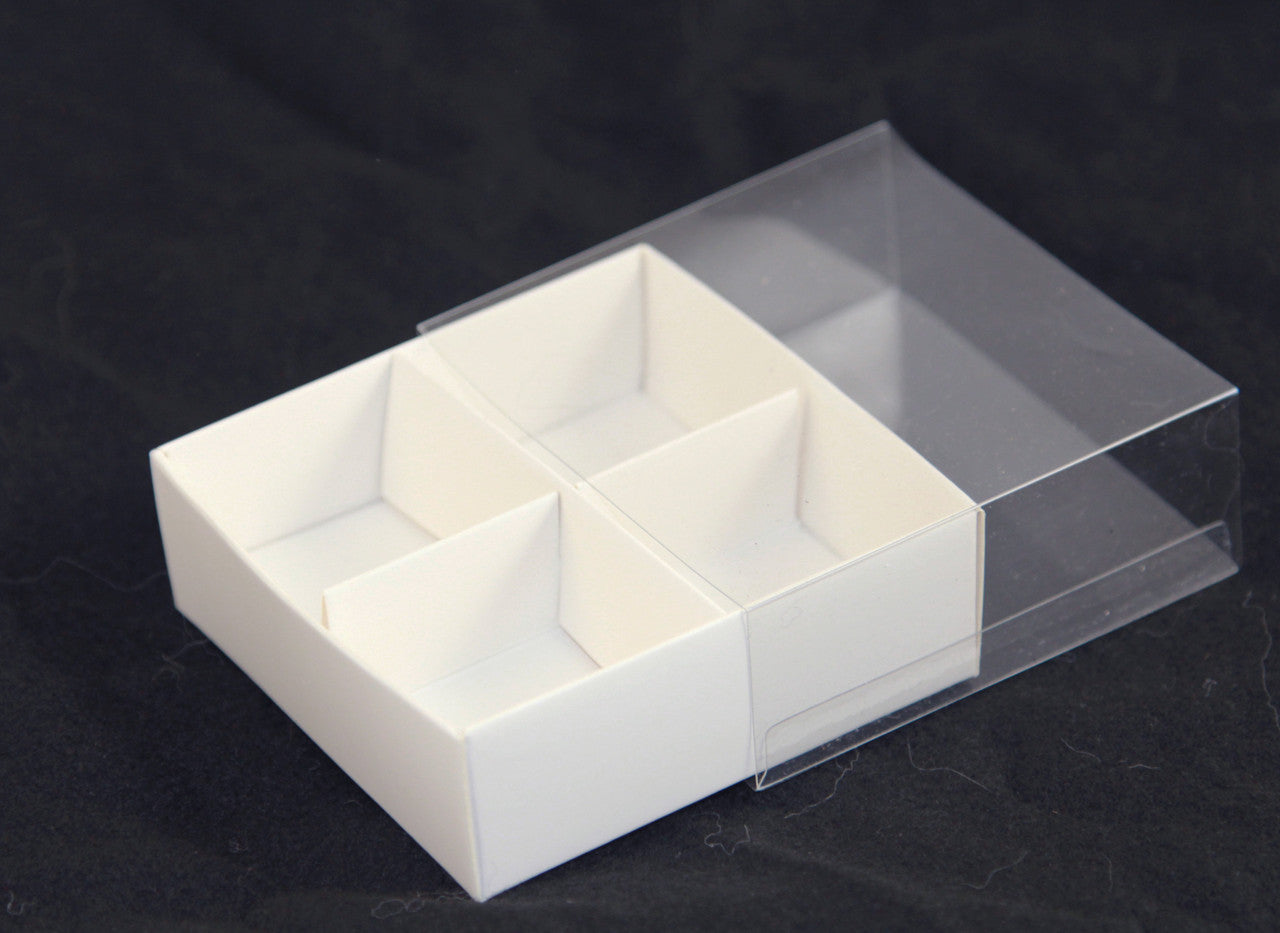 10 Pack of White Card Chocolate Sweet Soap Product Retail Gift Box - 4 Bay Compartments - Clear Slide On Lid - 8x8x3cm