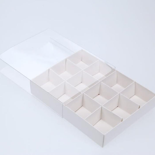 50 Pack of White Card Chocolate Sweet Soap Product Retail Gift Box - 12 bay 4x4x3cm Compartments  - Clear Slide On Lid - 16x12x3cm