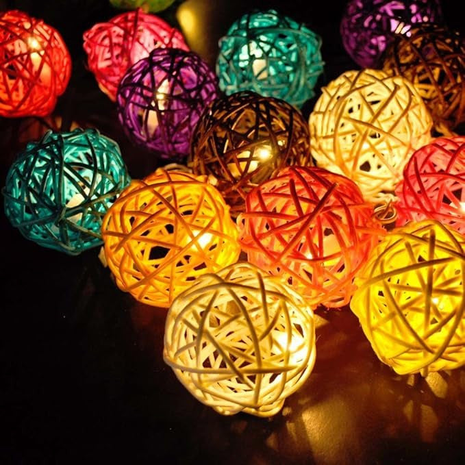 1 Set of Multi Coloured 5cm Rattan Cane 20 Ball Battery Powered 3m String Lights Christmas Gift Home Wedding Party Bedroom Decoration Table Centrepiece