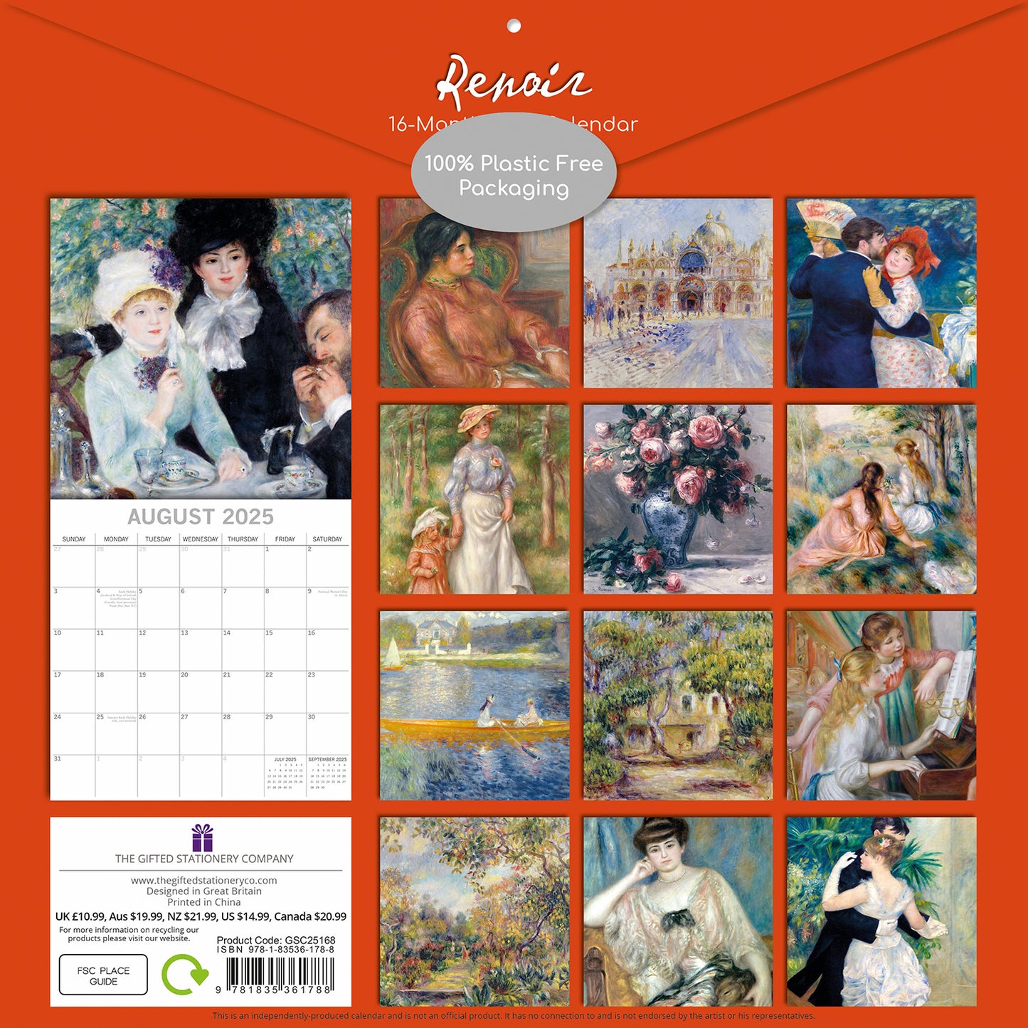 Renoir - 2025 Square Wall Calendar Fine Arts 16 Months Premium Planner Gift
