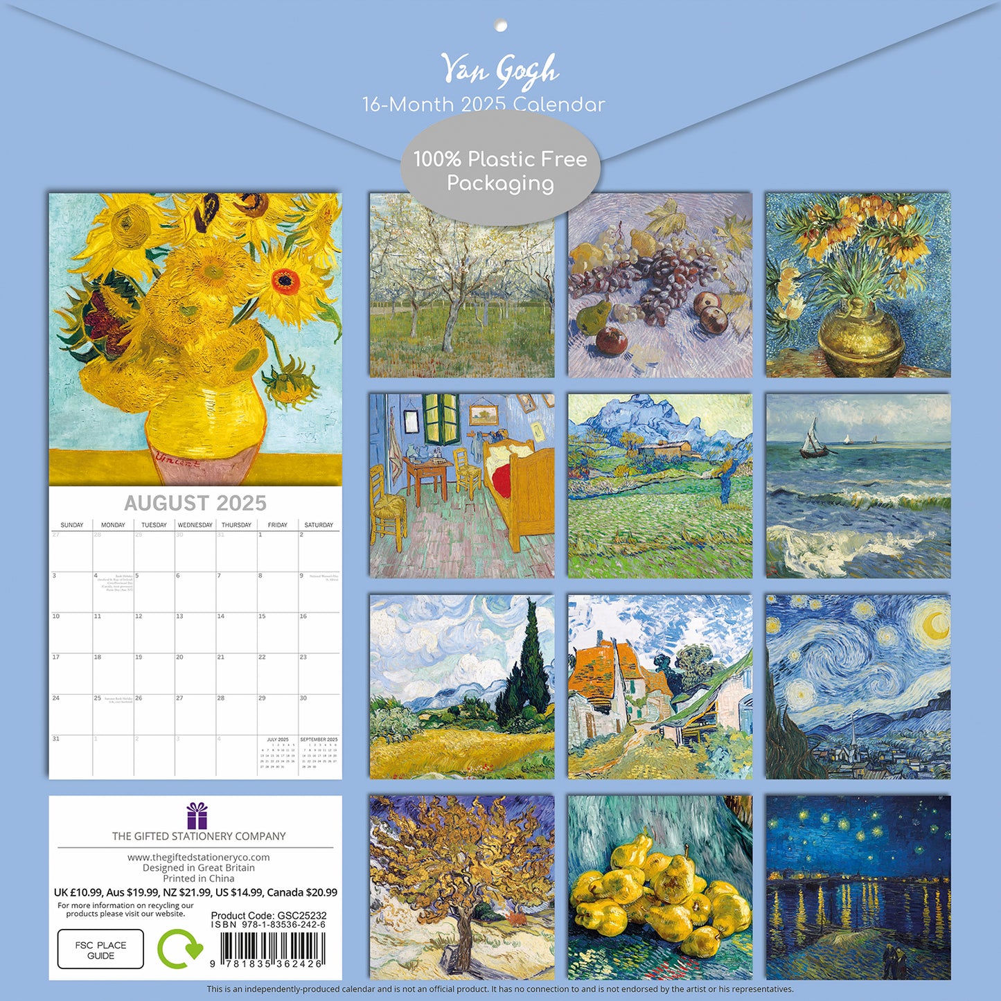 Van Gogh - 2025 Square Wall Calendar Arts 16 Months Premium Planner Gift