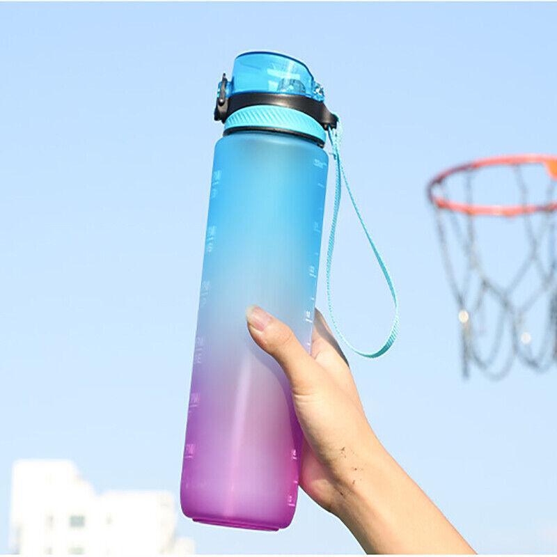 1L Water Bottle Motivational Drink Flask With Time Markings Bpa Free Sport Gym - Green+Purple