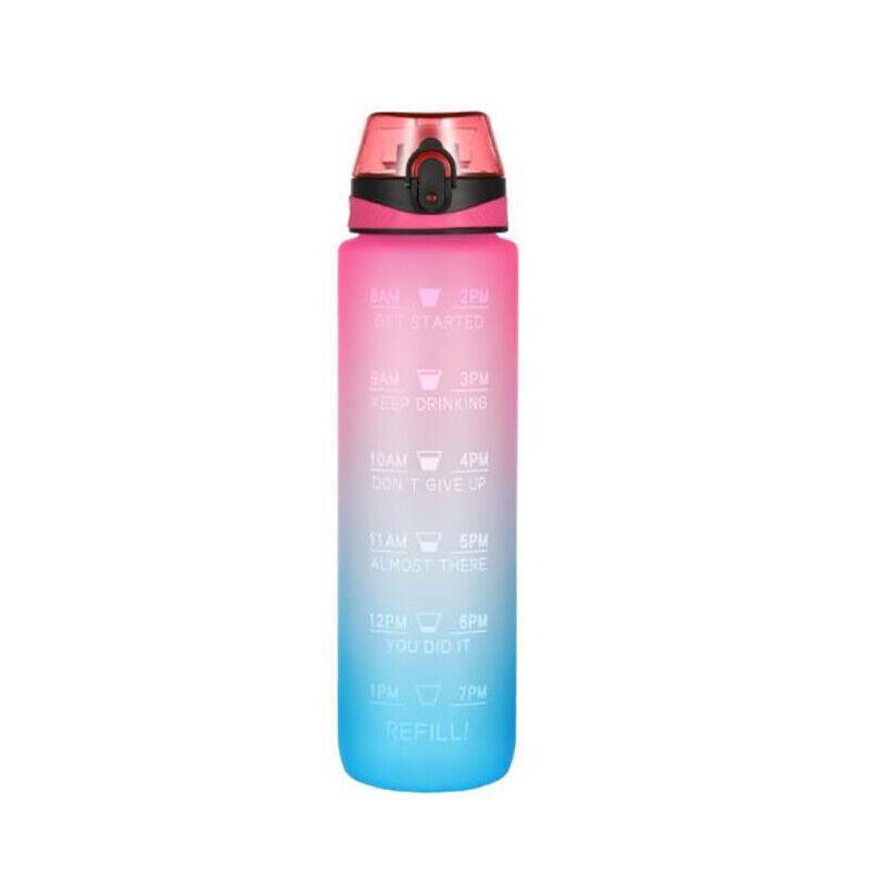 1L Water Bottle Motivational Drink Flask With Time Markings Bpa Free Sport Gym - Green+Purple