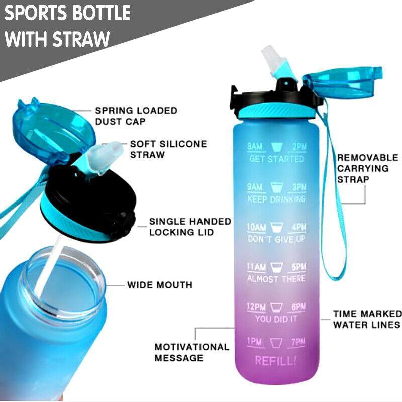 1L Water Bottle Motivational Drink Flask With Time Markings Bpa Free Sport Gym - Pink+Purple