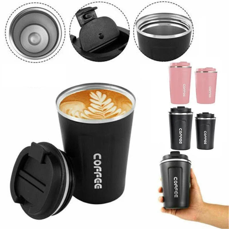 Insulated Coffee Mug Vacuum Travel Cup Thermal Stainless Steel Flask Reusable 380ML - Black