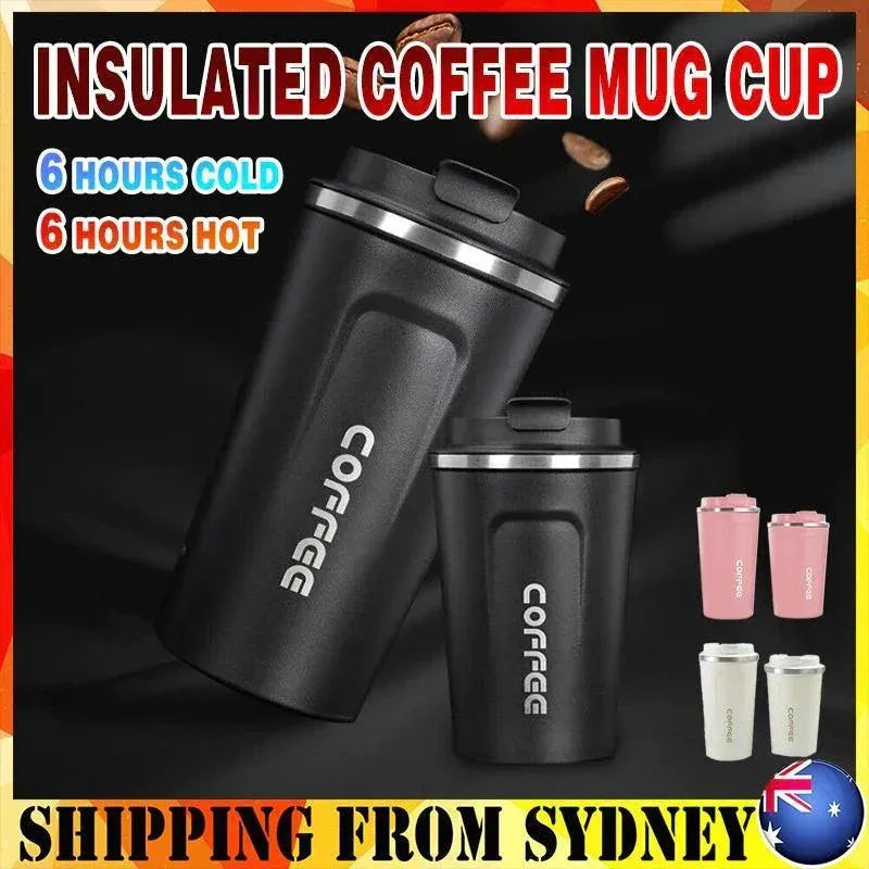Insulated Coffee Mug Vacuum Travel Cup Thermal Stainless Steel Flask Reusable 380ML - White
