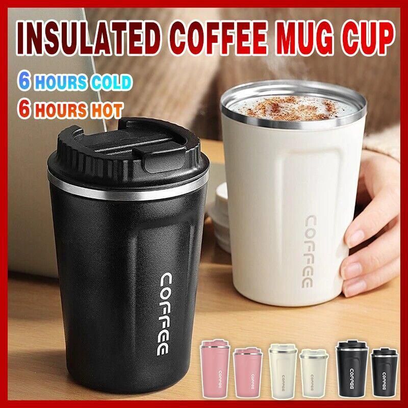 Insulated Coffee Mug Vacuum Travel Cup Thermal Stainless Steel Flask Reusable 380ML - Pink