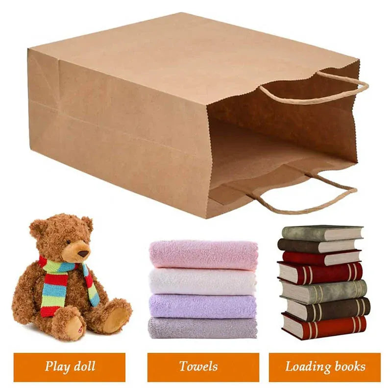 50X Kraft Paper Bags Gift Shopping Carry Craft Brown Bag With Handles - S-15cmx21cmx8cm