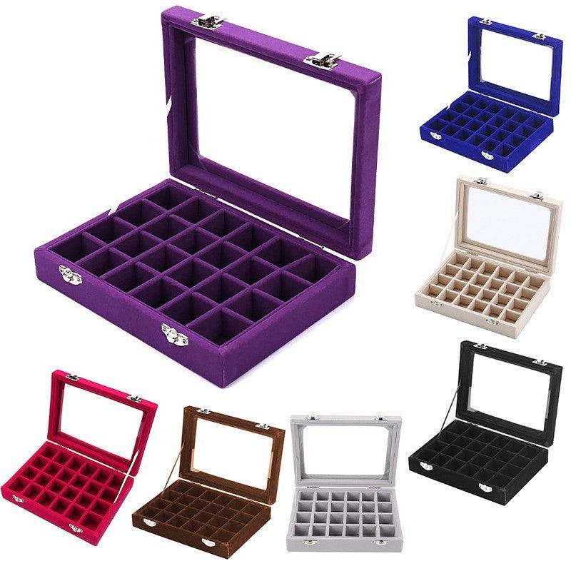 Velvet Jewelry Box Earring Organizer Display Case Storage Holder with 24 Grid - Black