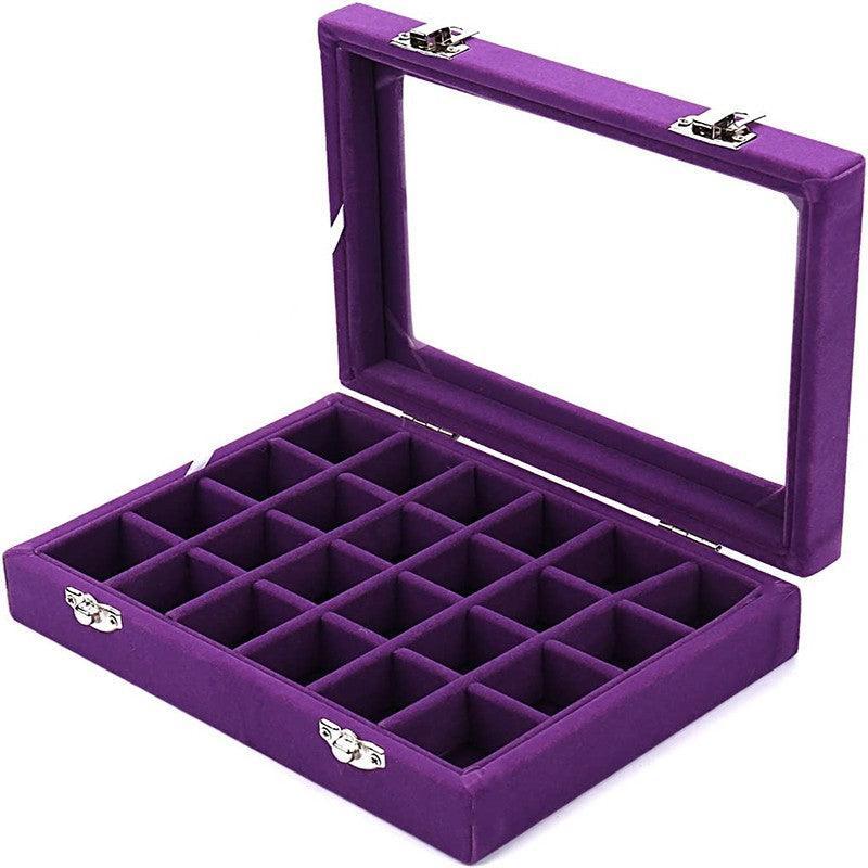 Velvet Jewelry Box Earring Organizer Display Case Storage Holder with 24 Grid - Black