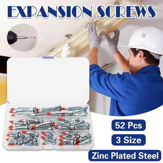 52PCS Galvanized Steel Wall Anchors Expansion Screws Self Tapping Bolts