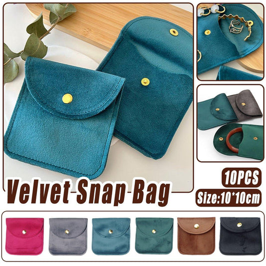 10pcs Velvet Jewelry Pouch Button Closure Thick Soft Ring Necklace Storage Bag - Black