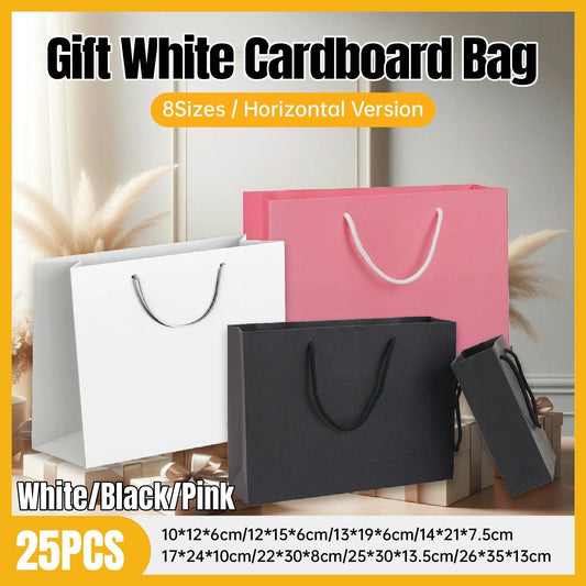 25X Kraft Paper Bags Gift Shopping Bag Carry White Pink Black Bag With Handles - Black-22-30-8
