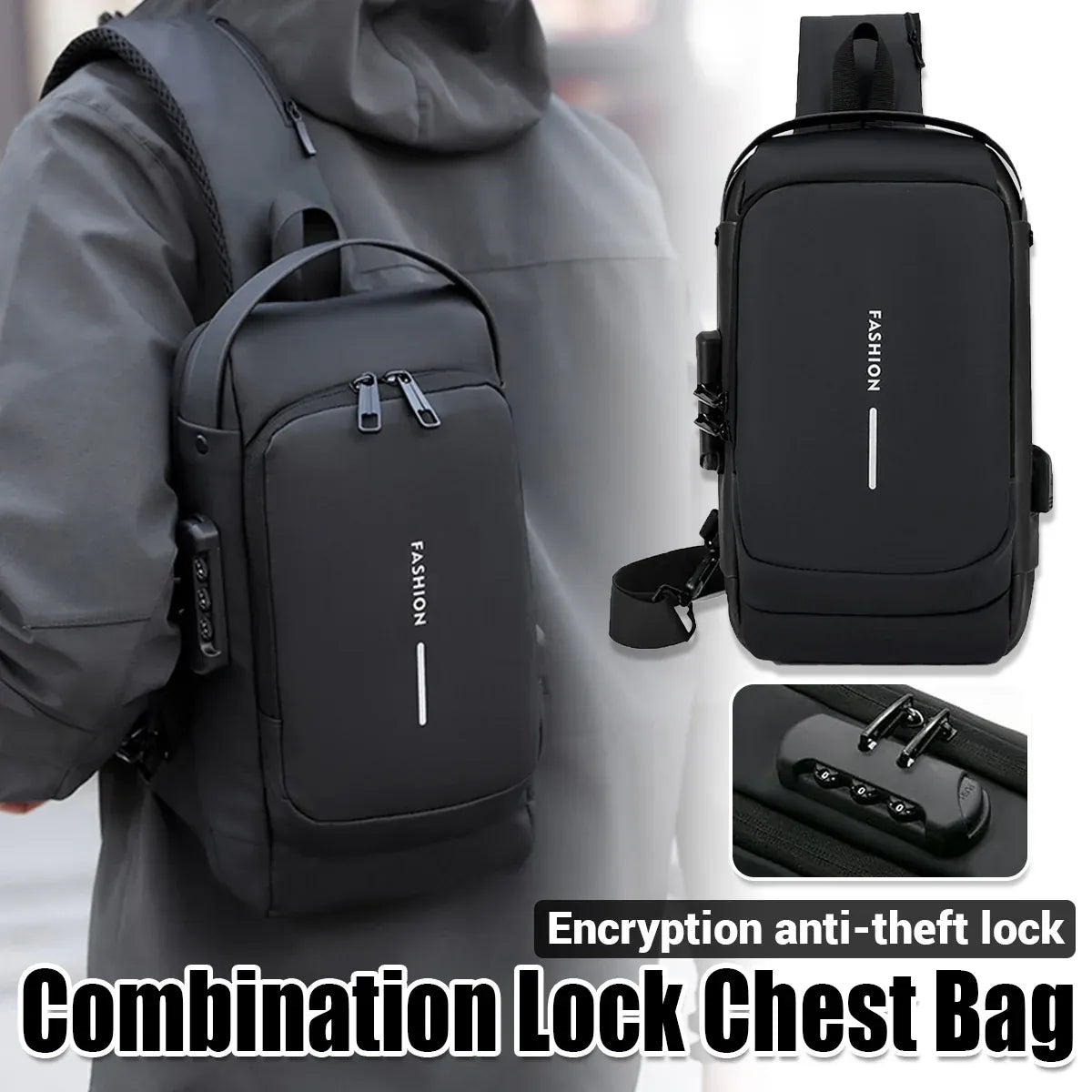 Multifunctional Combination Lock Chest Bag with USB Charging Port