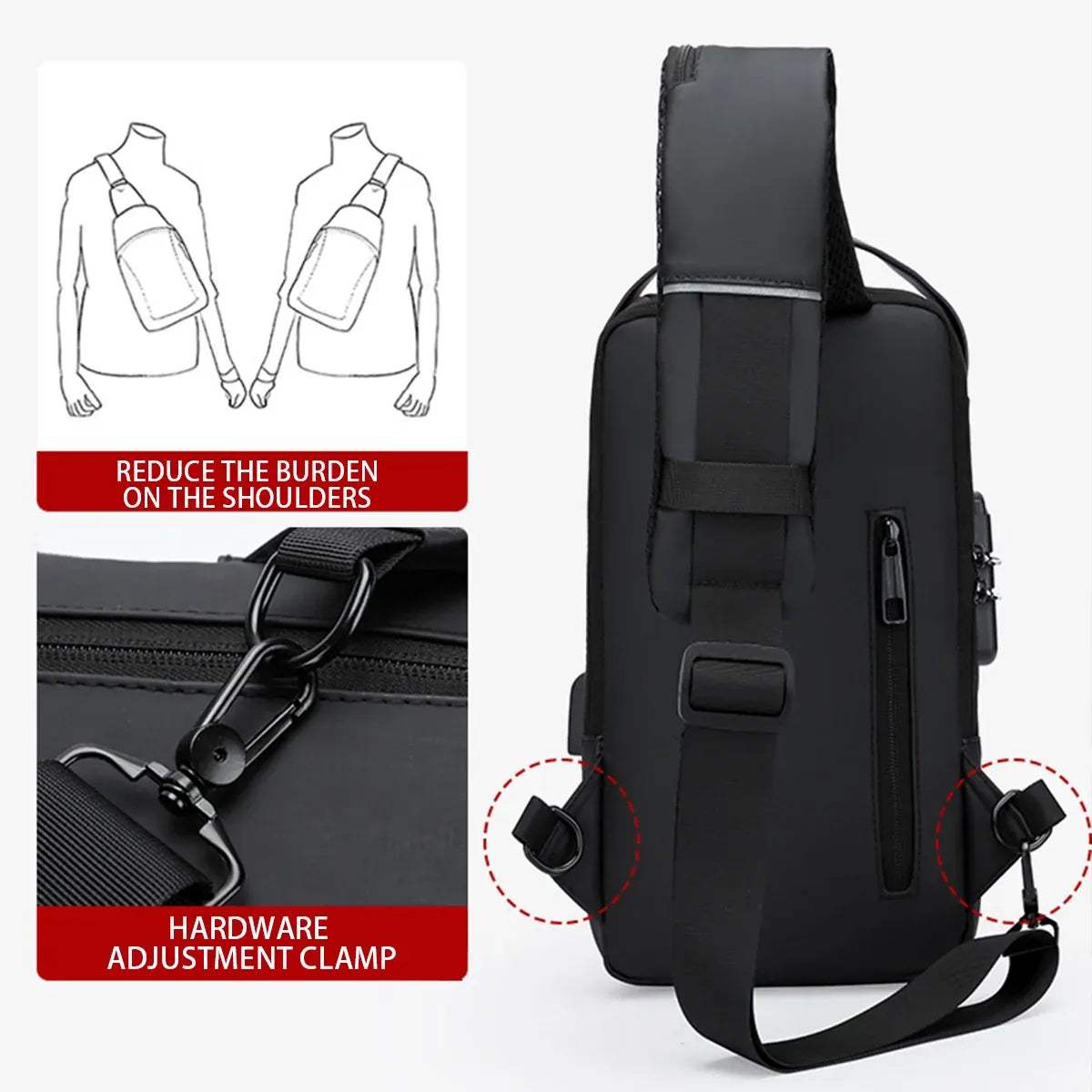 Multifunctional Combination Lock Chest Bag with USB Charging Port