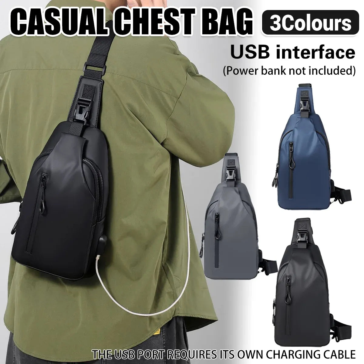 Large Capacity Chest Crossbody Bag Waterproof Durable for Travel Daily Use - Black