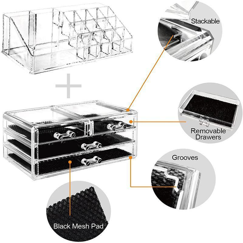 Holder Cosmetic Makeup Organiser 4 Drawer Storage Jewellery Box Clear Acrylic - With Black Mesh Pad