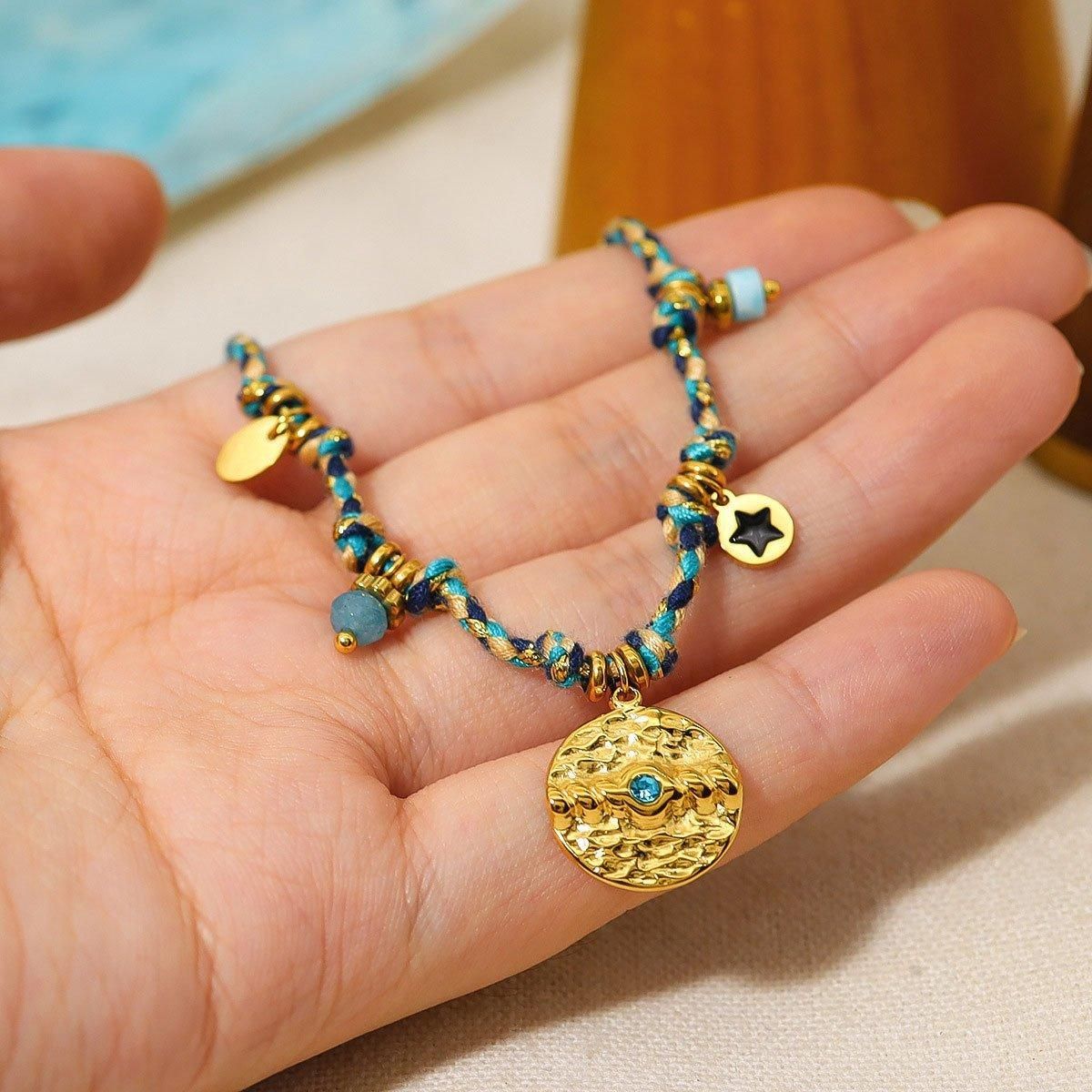 Boho Bracelet Set Women Natural Stone Woven Retro Style Adjustable Layered - Pink