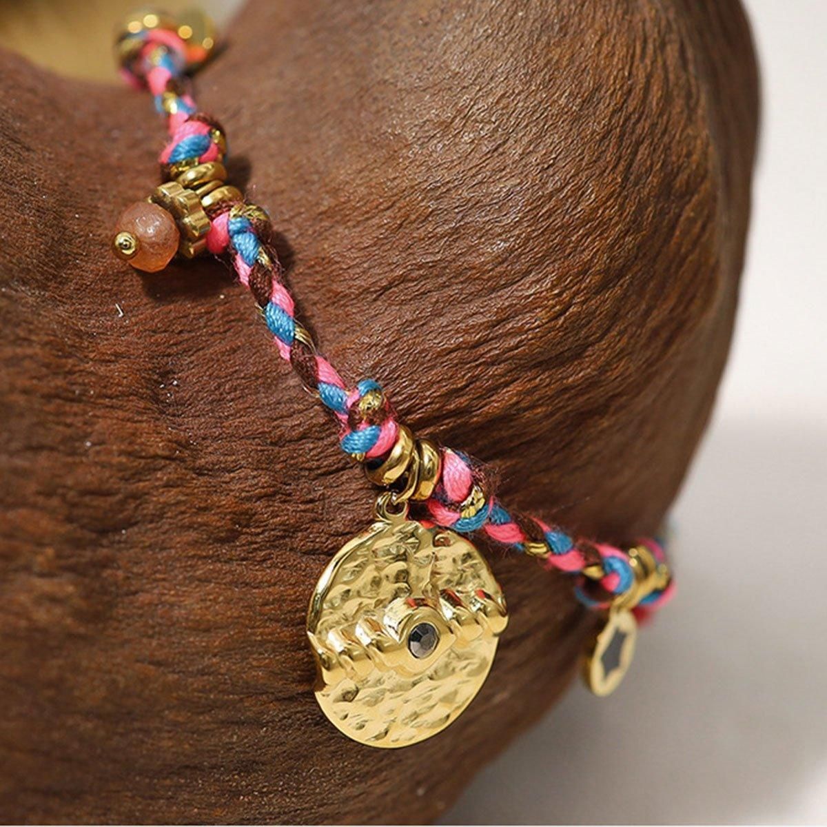 Boho Bracelet Set Women Natural Stone Woven Retro Style Adjustable Layered - Pink