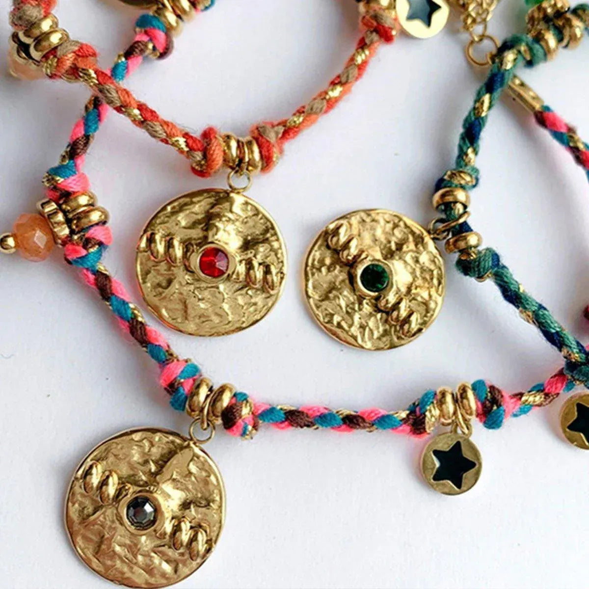 Boho Bracelet Set Women Natural Stone Woven Retro Style Adjustable Layered - Pink