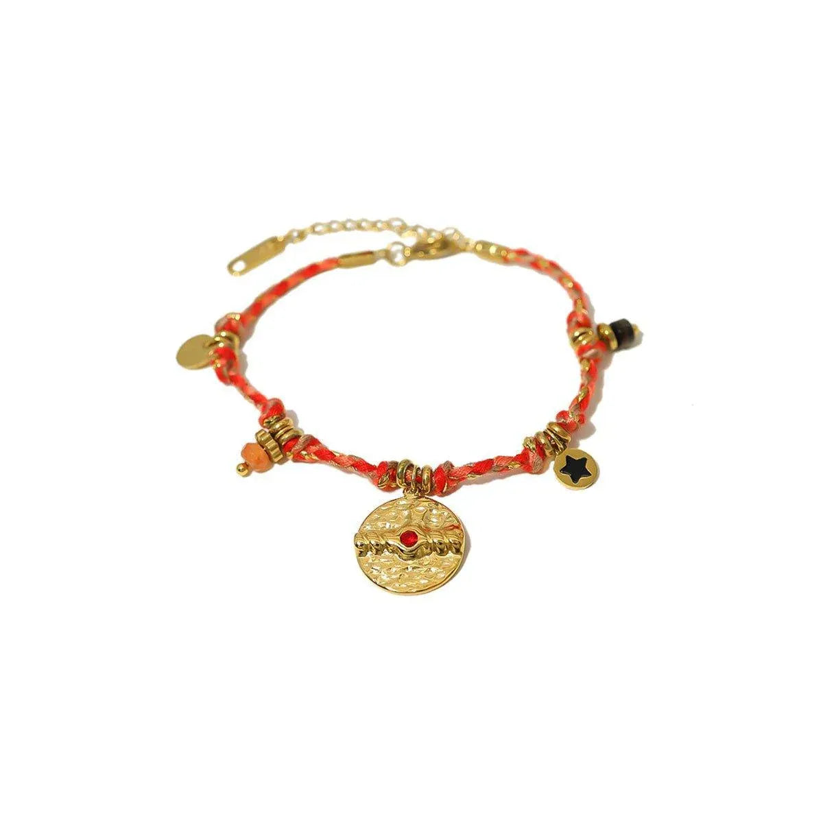 Boho Bracelet Set Women Natural Stone Woven Retro Style Adjustable Layered - Pink