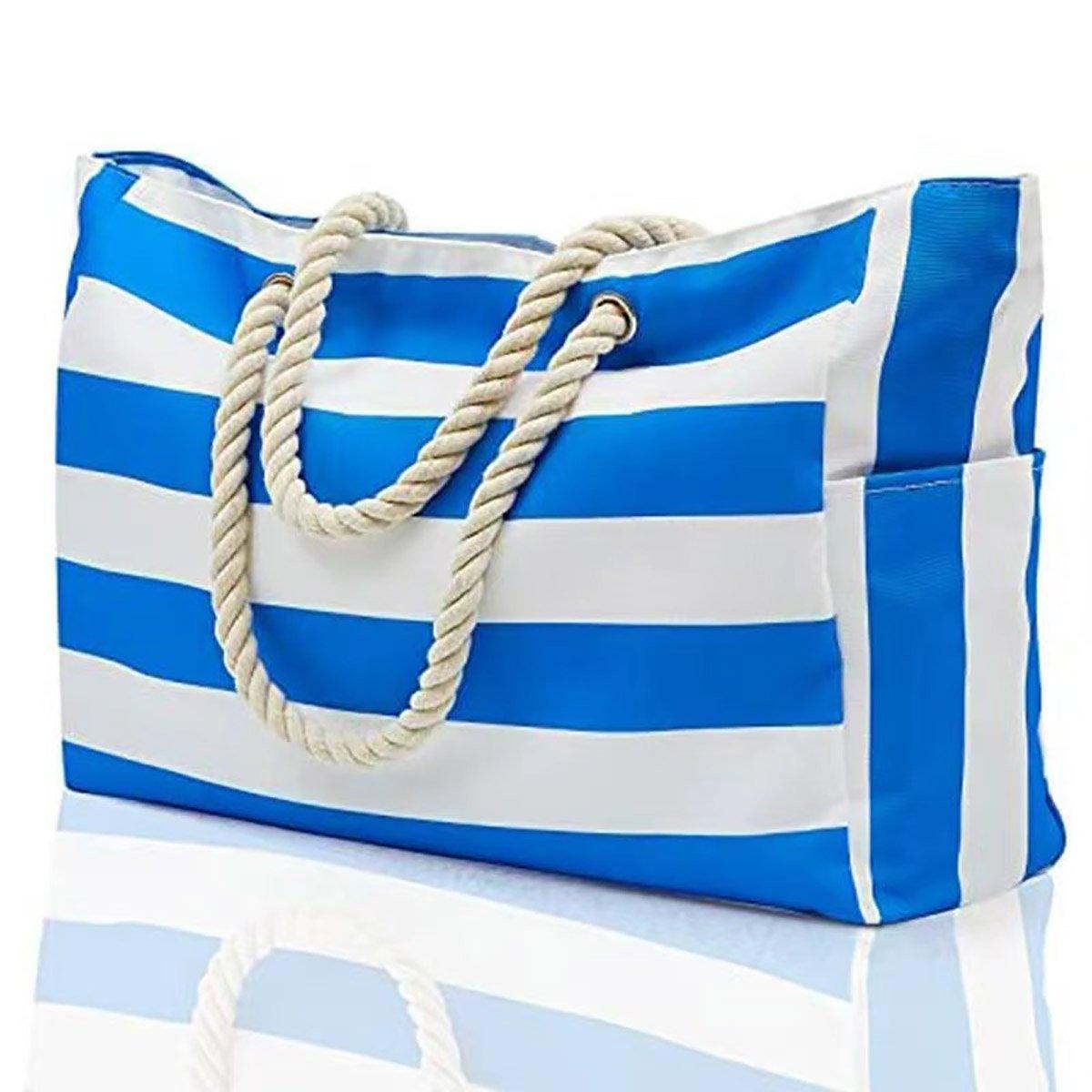 Large Bohemian Striped Canvas Beach Bag Zipper Tote for Travel Outdoor Vacation - Yellow