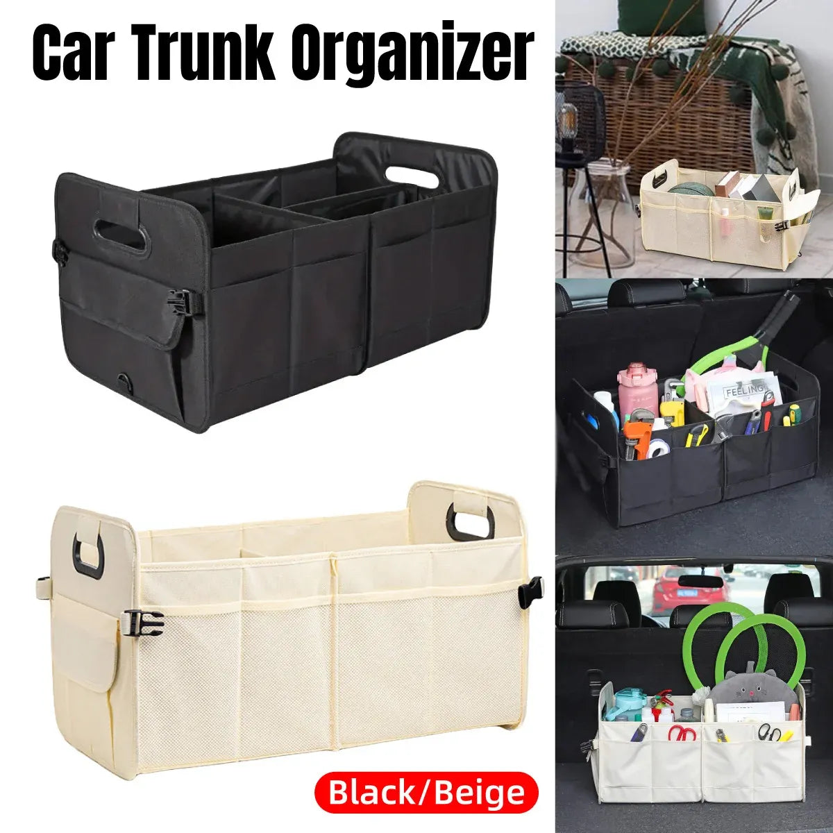 Car Organiser Boot Storage Box Foldable Trunk Organizer for Vehicle Storage - Beige