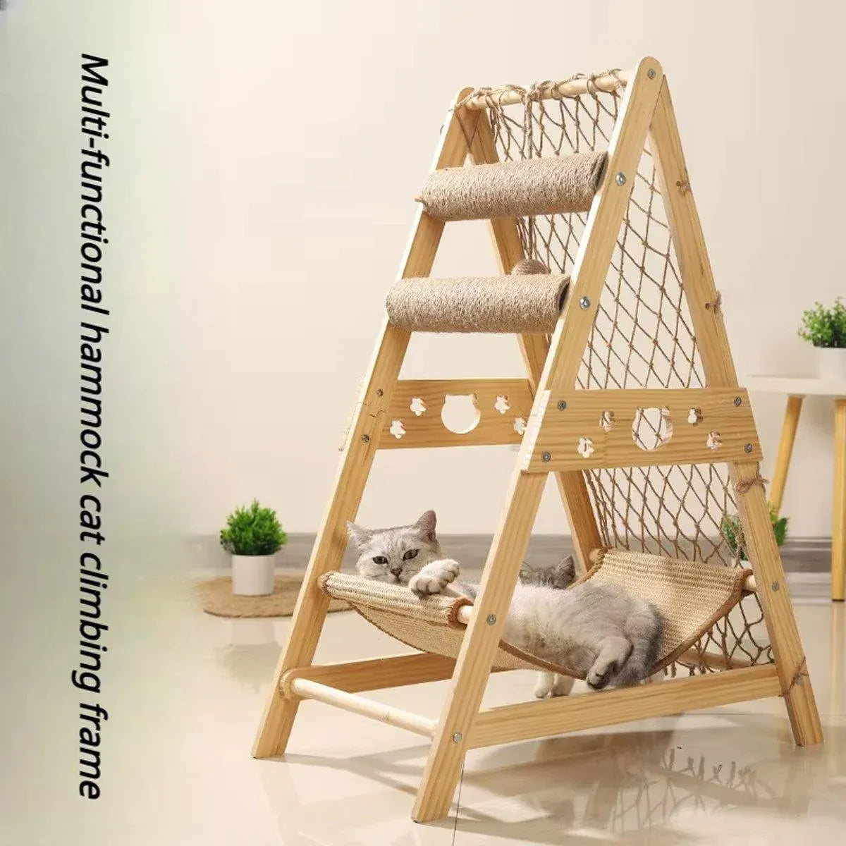 Cat Climbing Frame Wooden Cat Rack Multi Cat Play and Sleep Net for Indoor Use