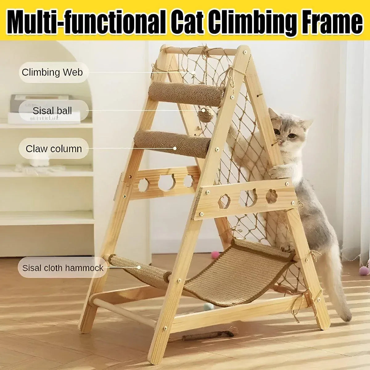 Cat Climbing Frame Wooden Cat Rack Multi Cat Play and Sleep Net for Indoor Use