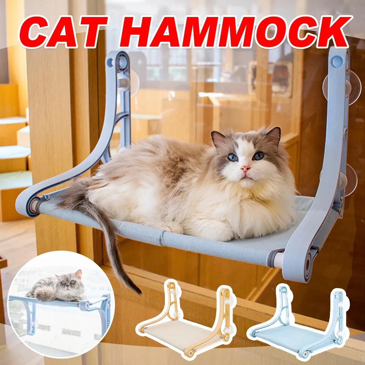 Cat Hammock for Wall Window Glass Suction Cup Style Comfortable Space Saving - Blue