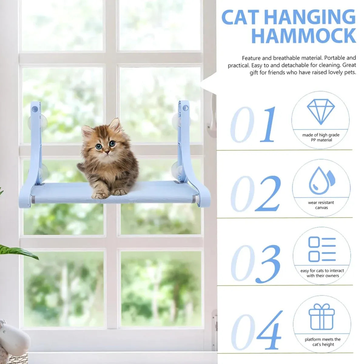 Cat Hammock for Wall Window Glass Suction Cup Style Comfortable Space Saving - Blue