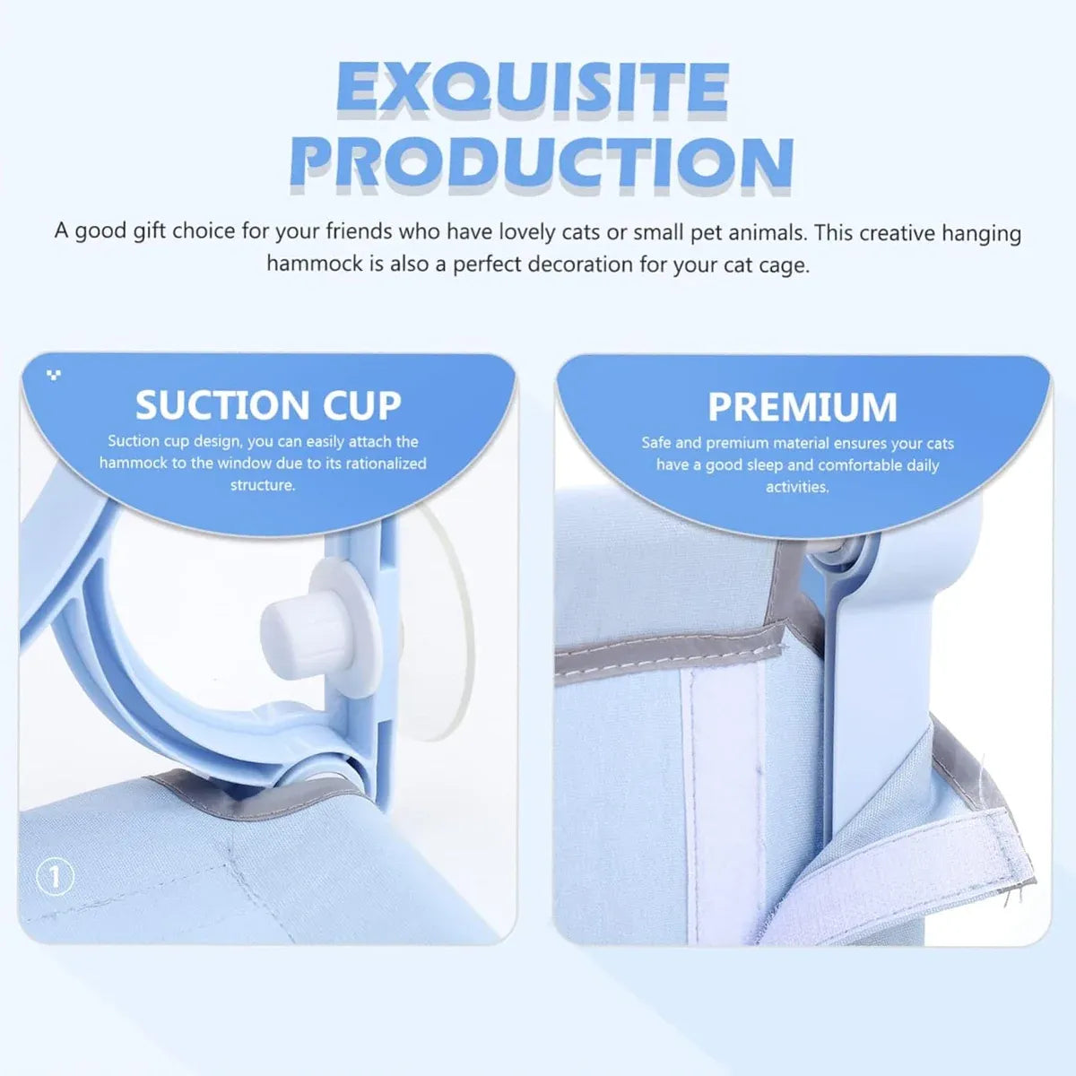 Cat Hammock for Wall Window Glass Suction Cup Style Comfortable Space Saving - Blue