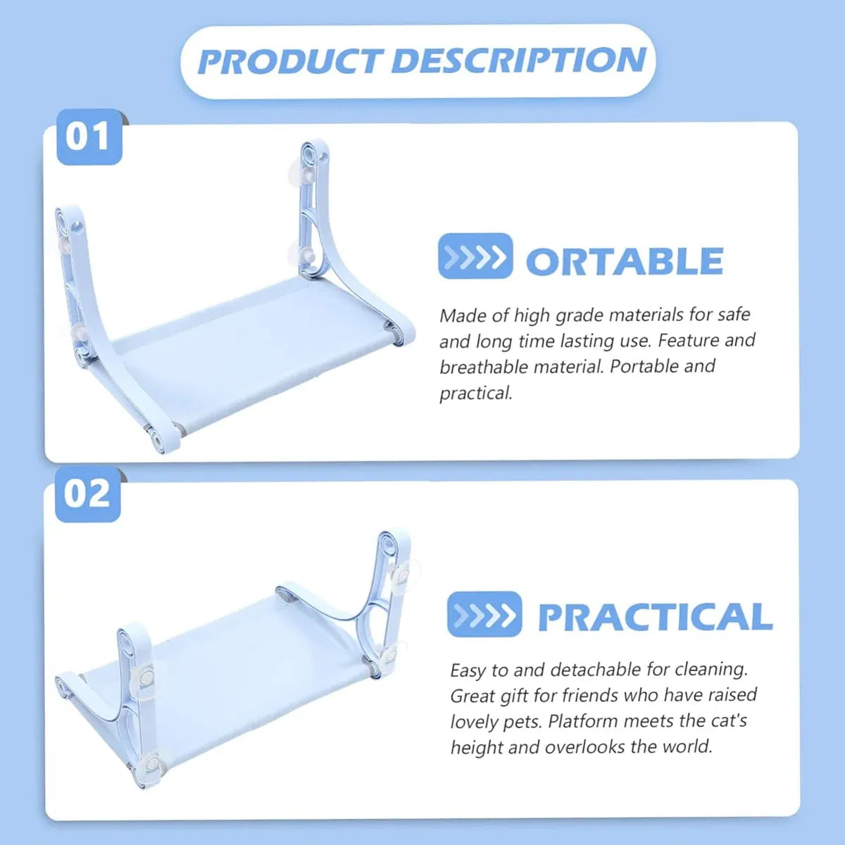 Cat Hammock for Wall Window Glass Suction Cup Style Comfortable Space Saving - Blue